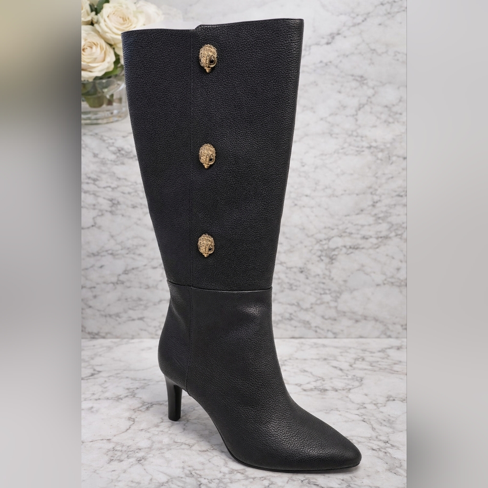 Kurt Geiger Black Shoreditch Knee Boots with Gold Details Nwob